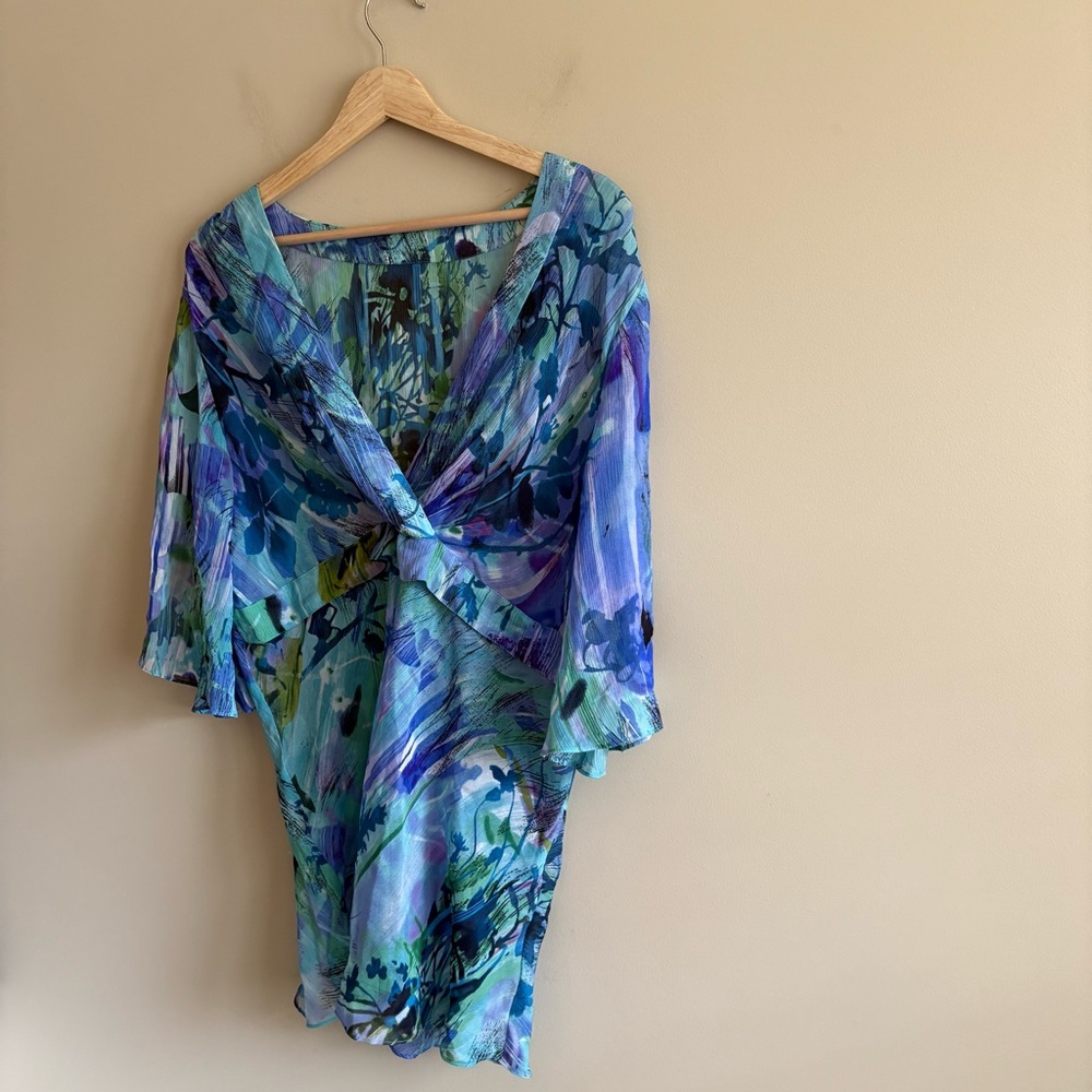Reba Vibrant Blue and Green Shirt and Skirt Matching Set, 100% Silk, Size M - Picture 5 of 13